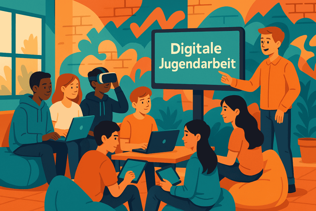 Digitale Jugendarbeit im Jugendzentrum: Sieben Teens (12–16) nutzen Laptop, Tablet & VR-Brille, betreut von Fachkraft.