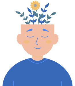 Illustration einer Person mit geschlossenen Augen und leichtem Lächeln, aus deren offenem Kopf Blumen und Blätter wachsen